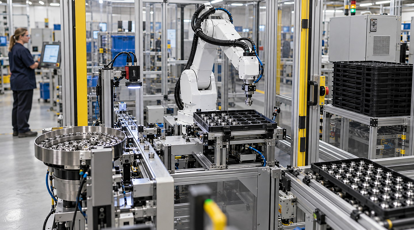 A robot placing components into indexed trays, with a feeder or conveyor on one side and full-tray outfeed within the guarded cell.